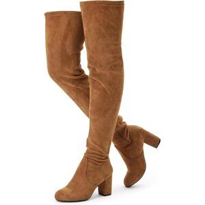 Women's Camel Suede Inner Zipper Thigh High Over The Knee High Heel Boots